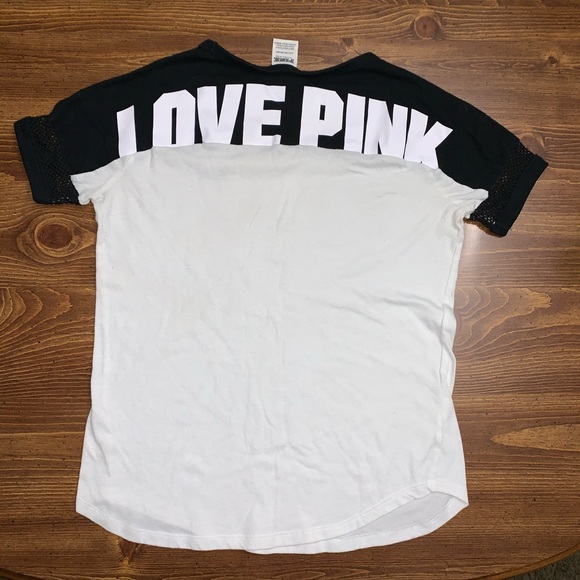 PINK Victoria's Secret Tops - Victorias Secret Black & White T-Shirt,Mesh Sleeve